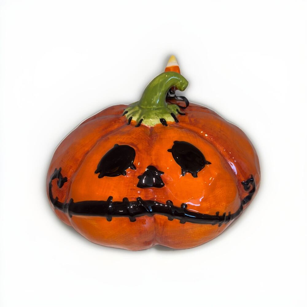 Blue Sky Clayworks Halloween Primitive Ceramic Flat Pumpkin Candy Corn Stitches